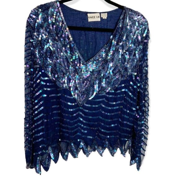 Vintage Swee Lo Silk Sequin Long Sleeve Blouse - Picture 1 of 7